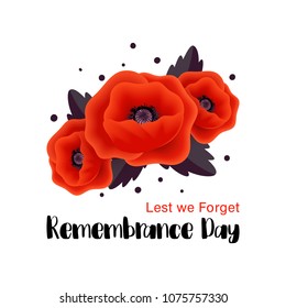 Remembrance Day vector card. Lest We forget. Realistic Red Poppy flower - international  symbol of peace. Vector Illustration EPS 10 file.