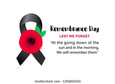 Remembrance Day vector card. Lest We forget. Hand drawn Red Poppy flower - international symbol of peace. Black Awareness ribbon. Vector illustration EPS 10 file.