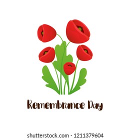 Remembrance Day vector card. Lest We forget. Realistic Red Poppy flower branch - international symbol of peace. Vector Illustration EPS 10 file.