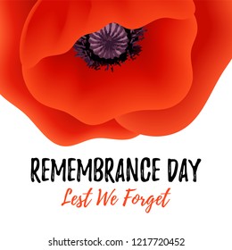 Remembrance Day vector card. Lest We forget. Realistic Red Poppy flower - international symbol of peace. Vector Illustration EPS 10 file.