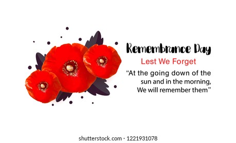 Remembrance Day vector card. Lest We forget. Realistic Red Poppy flower - international symbol of peace. Vector Illustration EPS 10 file.