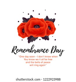 Remembrance Day vector card. Lest We forget. Realistic Red Poppy flower - international symbol of peace. Vector Illustration EPS 10 file.