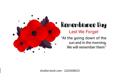 Remembrance Day vector card. Lest We forget. Realistic Red Poppy flower - international symbol of peace. Vector Illustration EPS 10 file.