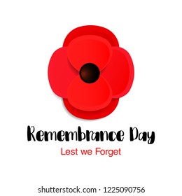 Remembrance Day vector card. Lest We forget. Paper cut Red Poppy flower - international symbol of peace. Vector Illustration EPS 10 file.
