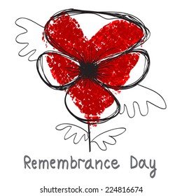 Remembrance Day vector illustration. Remembrance Day Poppy (also Poppy Day or Armistice Day) hand draw and red heart silhouette inside flower. On white. For memorial day. May used for Anzac day too.