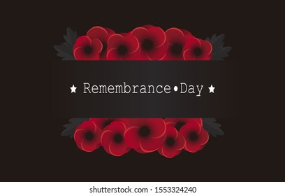 Remembrance day vector. Poppy flowers on black background illustration. 11th of November header illustration.