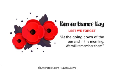 Remembrance Day vector poster. Lest We forget. Paper cut Red Poppy flower - a symbol of International Day of Remembrance. Vector Illustration EPS 10 file.