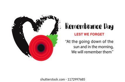 Remembrance Day vector poster. Lest We forget lettering. Hand drawn heart and bright Red Poppy flower - a symbol of International Day of Remembrance. Vector Illustration EPS 10 file.