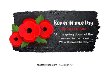 Remembrance Day vector poster on a hand drawn ink background. Lest We forget. Paper cut Red Poppy flower - a symbol of International Day of Remembrance. Vector Illustration EPS 10 file.