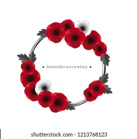 Remembrance day vector. Wreath of poppies on white background. 