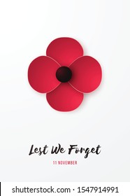 Remembrance day vertical banner with red Poppy flower and inscription Lest we forget. Poppy in origami style.. Design for brochure, flyer, poster and social network. Vector illustration.