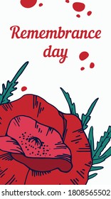 Remembrance day vertical design template with red poppy flower. Hand drawn vector sketch illustration on white background