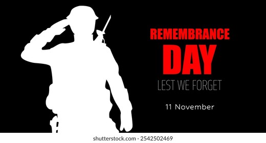 Cartaz do dia da lembrança, Lest We Forget 11 November greeting banner or card with soldado silhouette. Dia da Lembrança, Dia da Vitória, Dia de Anzac. Ilustração vetorial.