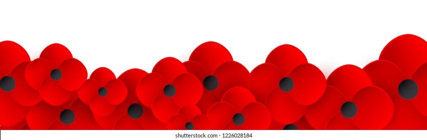 Remembrance Day web header. Realistic Red Poppy flower - International symbol of peace. Memorial banner, poster. Vector Illustration.