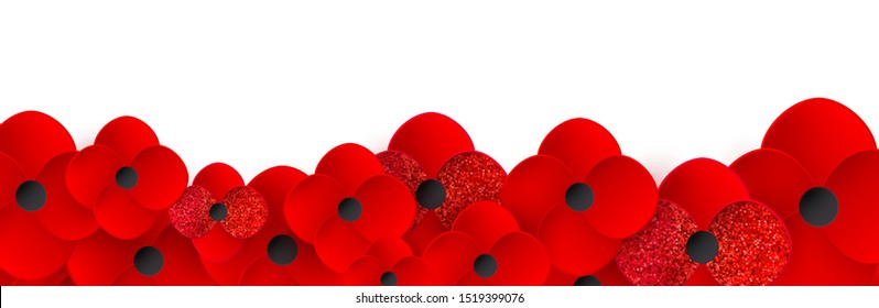 Remembrance Day web horizontal banner. Realistic Red Poppy flower - International symbol of Peace. Memorial header, card, poster. Memorial Day. Poppy lapel pins, brooch ideas. Vector Illustration.
