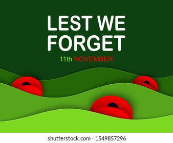 Remembrance Day web layered banner. Paper cut Red Poppy flower International symbol of Peace. Anzac, Memorial, Veteran Day header, card, poster, flyer, invitation. Military parade. Text place. Vector