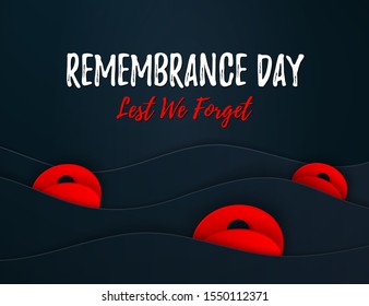 Remembrance Day web layered banner. Paper cut Red Poppy flower International symbol of Peace. Anzac, Memorial, Veteran Day header, card, poster, flyer, invitation. Military parade. Text place. Vector