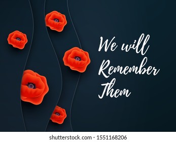 Remembrance Day web layered banner. Paper cut Red Poppy flower International symbol of Peace. Anzac, Memorial, Veteran Day header, card, poster, flyer, invitation. Military parade. Text place. Vector