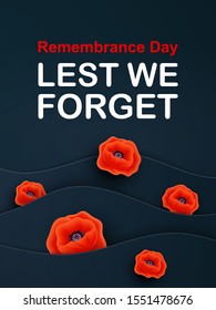 Remembrance Day web layered banner. Paper cut Red Poppy flower International symbol of Peace. Anzac, Memorial, Veteran Day header, card, poster, flyer, invitation. Military parade. Text place. Vector