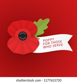 The remembrance poppy - poppy appeal. Modern paper design isolated on white. Decorative vector flower for Remembrance Day, Memorial Day, Anzac Day in New Zealand, Australia, Canada and Great Britain. 