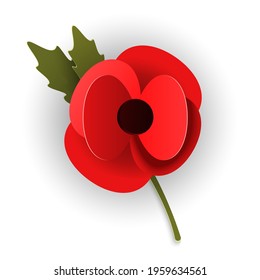 Remembrance poppy appeal in paper cut style. Modern origami design red flower isolated on white background. Vector illustration