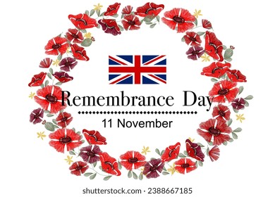 Remembrance Poppy Day background border. Union Jack flag poppy flower field wreath background frame border for remembrance memorial day.