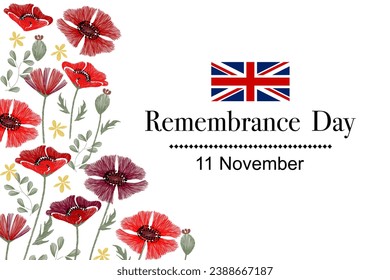 Remembrance Poppy Day background border. Union Jack flag poppy flower field wreath background frame border for remembrance memorial day.