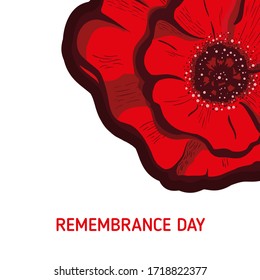 Remembrance poppy and lest we forget the concept banner. Vector illustration with hand-drawn red poppy to Anzac day and May 8th also known as Armistice day.