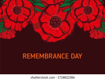 Remembrance poppy and lest we forget the concept banner. Vector illustration with hand-drawn red poppy to Anzac day and May 8th also known as Armistice day.