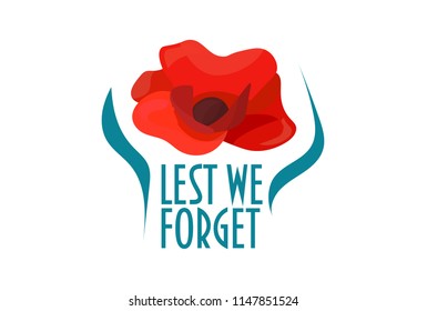 Remembrance poppy vector illustration: Remembrance day poppy flower and text: Lest we forget. Great also for Armistice and Anzac day.