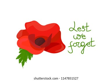 Remembrance poppy vector illustration: Remembrance day poppy flower and text: Lest we forget. Great also for Armistice and Anzac day.