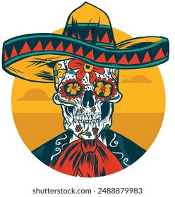 Remera Skeleton De Mayo T-Shirt Design, Remera Skeleton Mexico, Featuring a festive skeleton adorned with traditional Mexican elements, perfect for a lively and stylish look!