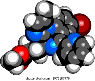 Remimazolam drug molecule. 3D rendering. Atoms are represented as spheres with conventional color coding: hydrogen (white), carbon (black), nitrogen (blue), oxygen (red), bromine (brown).