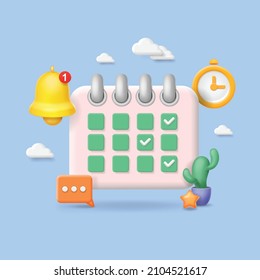 Reminder 3D concept, Notifications icon, calendar, clock. Business plannin, alarm sign, event date message. Vector Illustration.