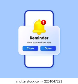 Reminder in 3D design. Notifications page. Business planning ,events, reminder and timetable. Alert notification with notification bell. Important reminder. Vector Illustration.