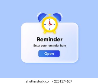 Reminder in 3D design. Notifications page. Business planning ,events, reminder and timetable. Alert notification with notification bell. Important reminder. Vector Illustration.