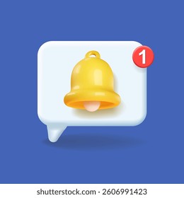 Reminder 3D icon, Notifications yellow bell in speech bubble with red new message sign danger alert notification. Attention ring Vector Illustration