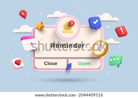 Reminder 3D Illustration, Notifications page with floating elements. Business planning ,events, reminder and timetable with 3d rendering. Vector Illustration.