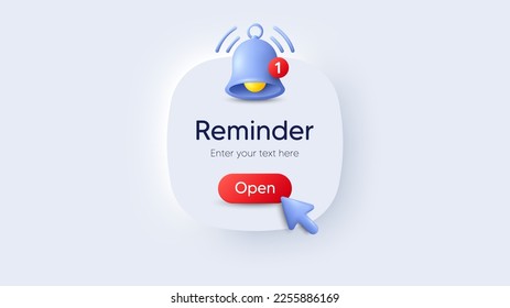 Reminder 3d notifications page with alert bell. Calendar event notice message. Push notifications box. Event alert message, web notification box and announcement notice. Vector illustration