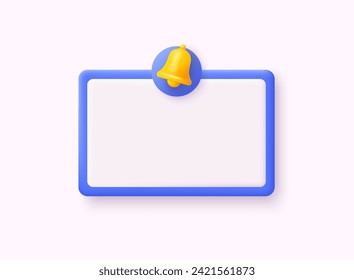Reminder 3d notifications page with alert bell. Notification Yellow Bell Calendar event notice message. 3D Web Vector Illustrations.