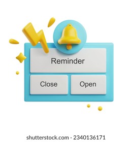 Reminder 3D notifications page with flash lightning and yellow ringing bel. 3d rendering buttons. Business planning, events, reminder and time management design for app and web