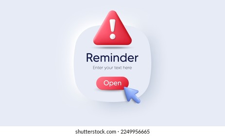 Reminder 3d notifications page with warning alert. Calendar event notice message. Push notifications box. Caution alert message, danger notification and hazard notice. Vector illustration