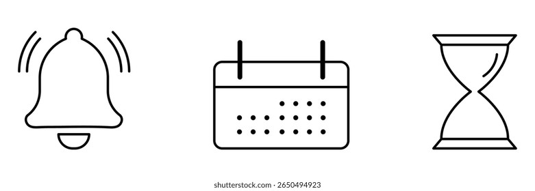 Reminder alert notification bell calendar date event time hourglass icon vector illustration collection in minimal outline style set.