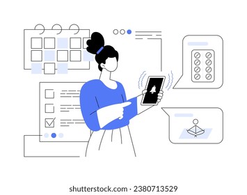 Reminder app abstract concept vector illustration. Young woman getting notification on the phone, IT technology, reminder application development, organizer software abstract metaphor.