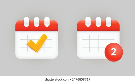 Recordatorio de diseño de iconos del App. Diseño de iconos de calendario, con signo marcado para tareas completadas y con una notificación para las próximas. Ilustración vectorial.