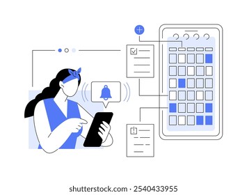 Ilustrações isoladas do vetor de desenho animado do aplicativo de lembrete. Jovem recebendo notificação por telefone, tecnologia de TI, desenvolvimento de aplicativos de lembrete, organizador de desenhos animados vetoriais de software.