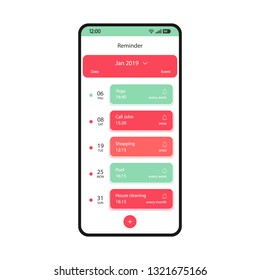 Reminder App Smartphone Interface Vector Template. Mobile Calendar Page White Design Layout. Events, Dates, Tasks Manager Screen. Scheduling Application Flat UI. Time Management Plan On Phone Display
