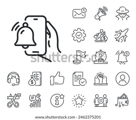 Reminder bell sign. Salaryman, gender equality and alert bell outline icons. Alarm clock app line icon. Phone notification symbol. Alarm clock line sign. Spy or profile placeholder icon. Vector