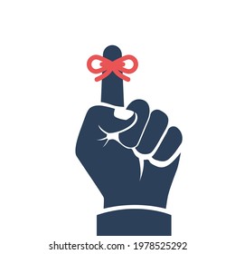 Reminder black icon. Forefinger with red ribbon. Important symbol. Vector illustration flat design. Glyph sign. Isolated on white background. Important symbol. Forgetfulness.