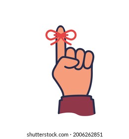 Reminder black icon. Forefinger with red ribbon. Important symbol. Vector illustration flat design. Glyph sign. Isolated on white background. Important symbol. Forgetfulness.